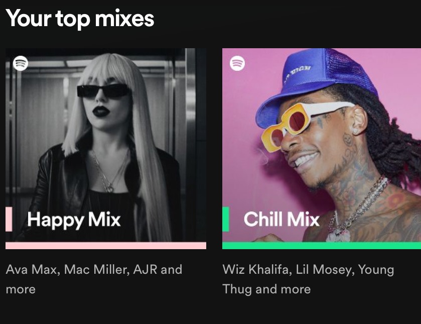 Image shows two Spotify mix playlists titled "Happy Mix" and "Chill Mix" with Ava Max and Wiz Khalifa on the respective covers.