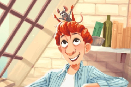 An illustration of a cartoon character with red hair wearing a blue striped shirt looks upwards at a small cartoon rat who is standing on his head, pulling his hair.