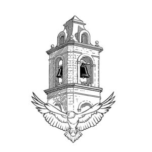 The Weekly Ringer Logo, An outline of an eagle with a Bell Tower on his back. The Bell tower is brick, with a large black bell.