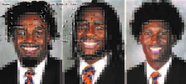 three separate official portraits of smiling college football players.