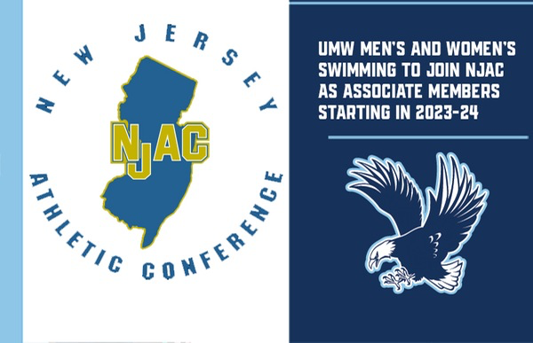 Blue outline of the state of New Jersey with statement "UMW men's and women's swimming to join NJAC as associate members starting in 2023-24"