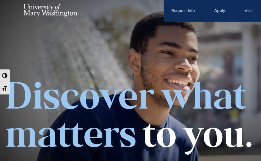 Eli Osborne looking away and smiling at the Monroe fountain on the front page of the UMW website