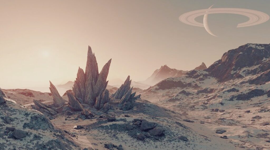 A barren wasteland with spiked rocks and mountain-like terrain with a clear sky view of a close-by planet, surrounded by a massive ring.