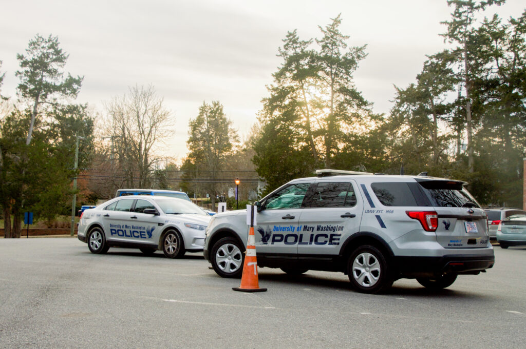 Two UMW Police Department cars are facing each other