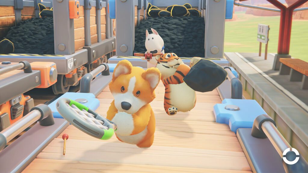 An image from the video game with two walking dogs and a tiger. All are animated and carrying some form of "weapon" whether it be a slingshot or crossbow on a train.