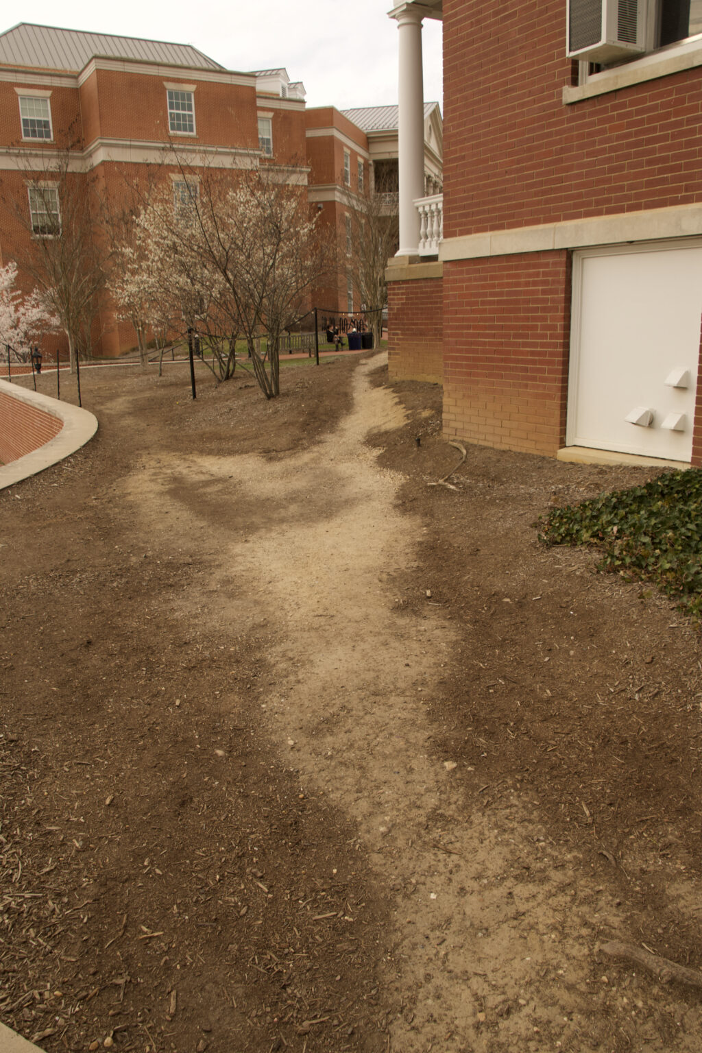 A dirt path leads to the rest of campus walk.