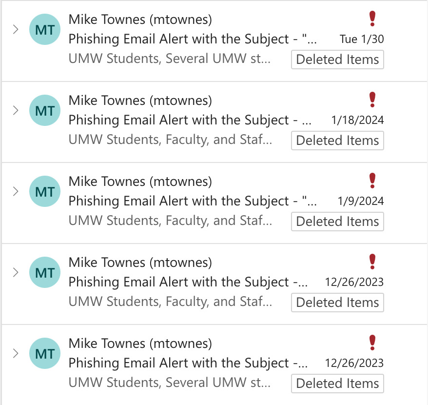 A screenshot of phishing email notifications.