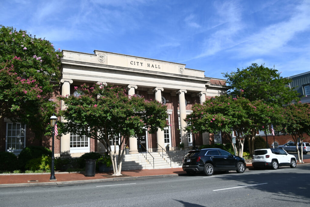 a view of Fredericksburg City Hall facing Princess Anne St.